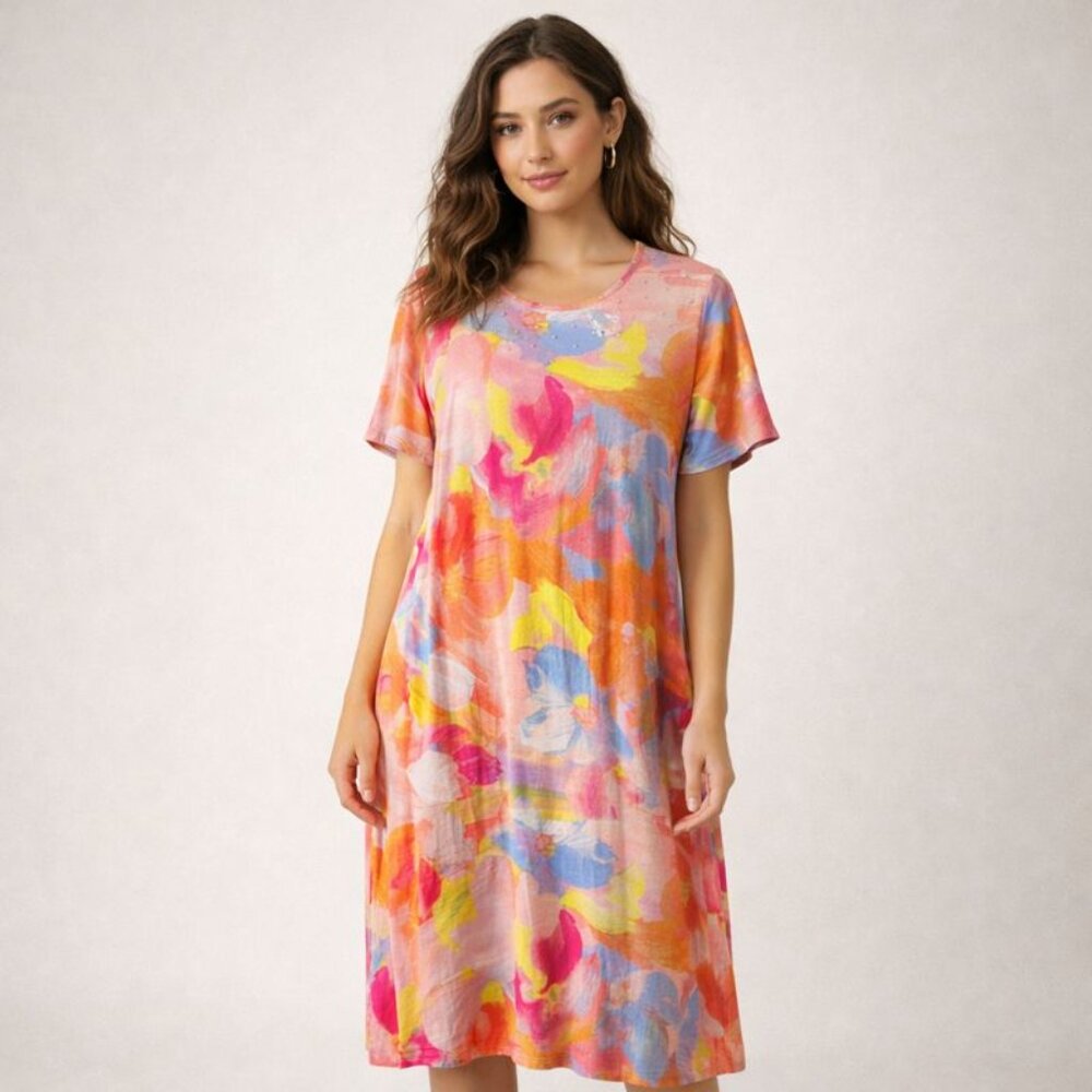 NWOT Quacker Factory Womens Multicolor Floral Stretch Short Sleeve Maxi Dress L
